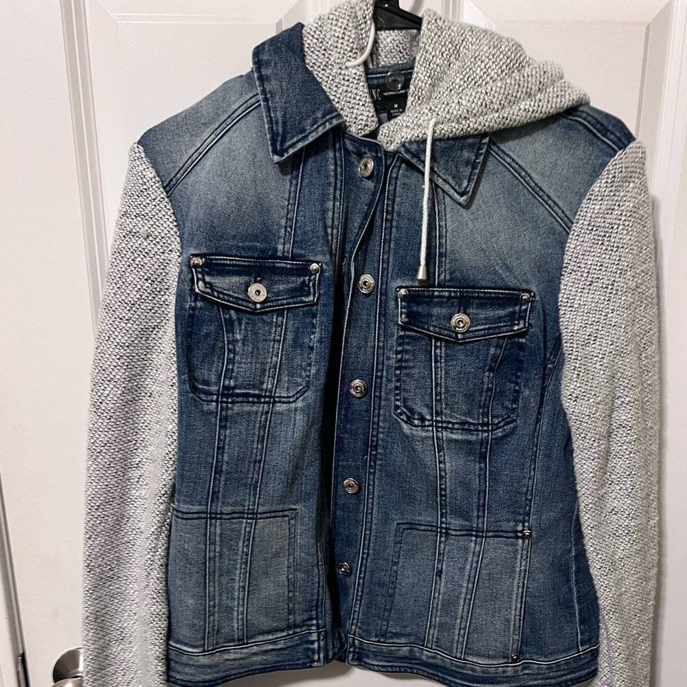 Denim Jacket with Knit Sleeves